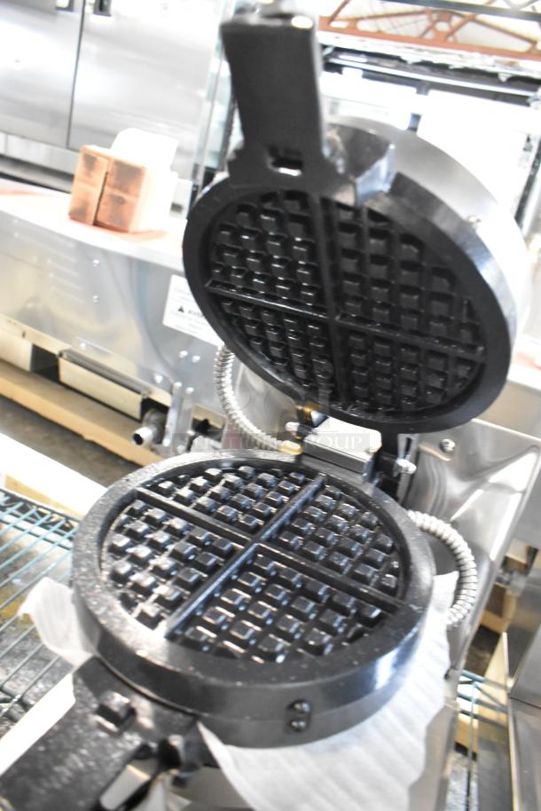 Estella 348WSMXS2A stainless steel waffle maker, 2024 model, new with minor scratches, 120V, 1 phase, stacked design.