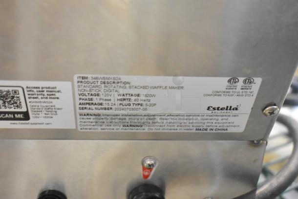 Brand new 2024 Estella 348WSMXS2A stainless steel waffle maker, 120V, 1 phase, non-stick; some scratches and dents visible.