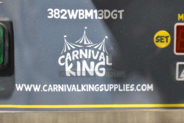 Stainless steel Belgian waffle maker with digital timer, temperature controls, model 382WBM13DGT, Carnival King logo.