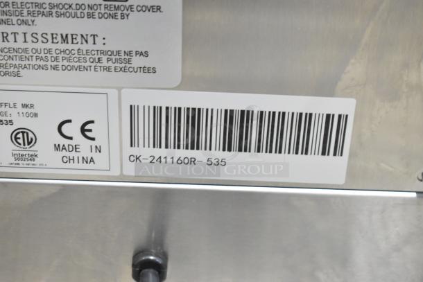 Carnival King 382WBM13DGT waffle maker tag showing CE, ETL marks, "Made in China," model number CK-241160R-535.