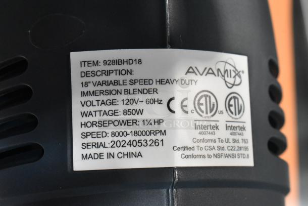BRAND NEW SCRATCH AND DENT AvaMix 928IBHD18, 18" Immersion Blender, 1 1/4 hp, 120V, variable speed, heavy-duty, ETL listed.