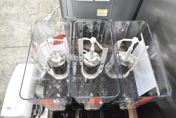 Brand new Carnival King 382RBD5G3 triple 5-gallon bowl refrigerated beverage dispenser. Scratch and dent condition.