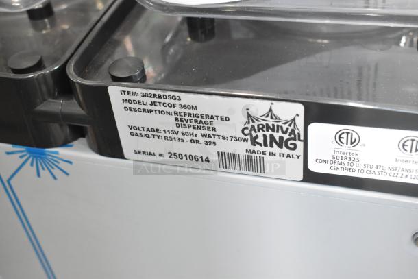 BRAND NEW Carnival King 382RBD5G3 Triple 5 Gallon Bowl Refrigerated Beverage Dispenser, label showing specifications and certifications.
