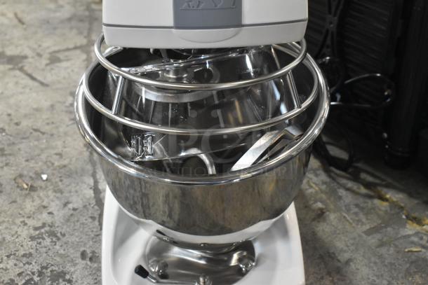 Brand new Varimixer V5A 5-quart metal mixer with bowl, guard, dough hook, paddle, whisk; commercial-grade, 120V.