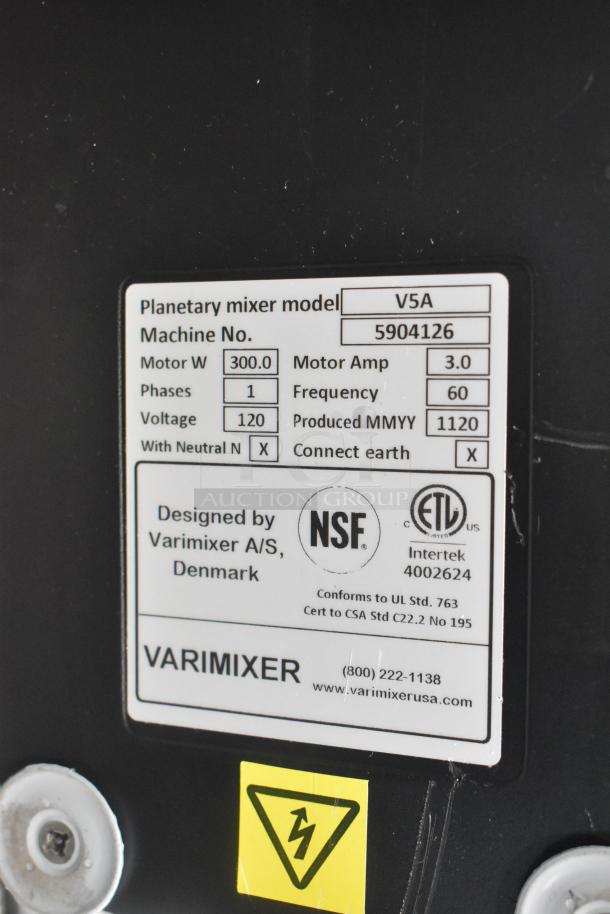 Label of a Varimixer V5A mixer showing model details, machine number 5904126, 300W motor, 120V, NSF certified.