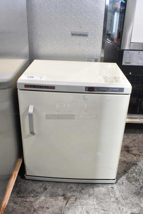 Town 28502 waterless towel steamer, new scratch and dent, 160 towel capacity, 120V, two compartments, labeled controls.