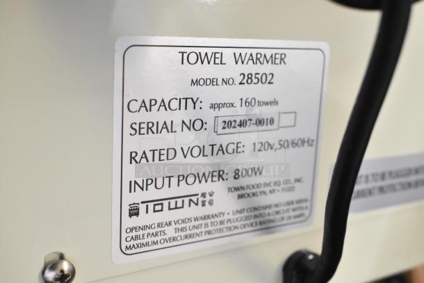 Town 28502 towel steamer label, showing 160 towel capacity, 120V/800W input, serial no. 202407-0010.