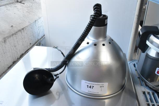 Brand new ServIt 423HLR85CH retractable cord ceiling mount heat lamp with chrome finish dome. Model label visible.