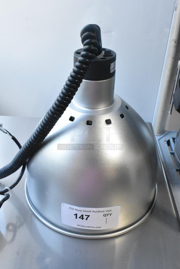 **ServIt 423HLR85CH Heat Lamp** with chrome finish, retractable cord, and round dome shade. Brand new, minor scratches. 120V, 1 phase.
