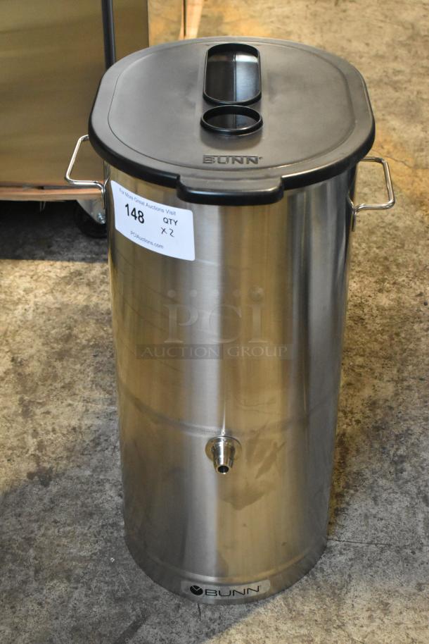 Bunn TDO-5 5 Gallon Iced Tea Dispenser with brew-through lid, new condition, stainless steel, auction lot tag visible.