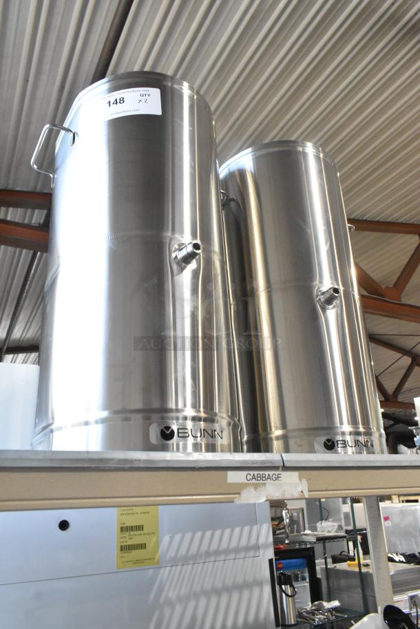 2 Bunn TDO-5 5 Gallon Iced Tea Dispensers, brand new, stainless steel with brew-through lids, minor scratches.