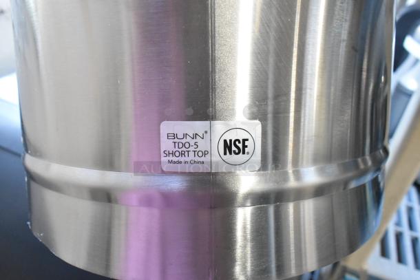 Bunn TDO-5 iced tea dispenser, 5-gallon, stainless steel, with NSF label, minor scratches, brew-through lid included.