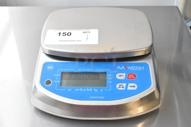 AvaWeigh 334WPC30SS 30 lb. waterproof digital scale, new with scratch and dent, IP68 rated, blue display, buttons visible.