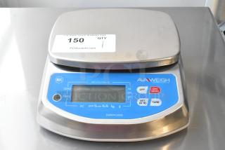 AvaWeigh 334WPC30SS 30 lb. waterproof digital scale, new with scratch and dent, IP68 rated, blue display, buttons visible.