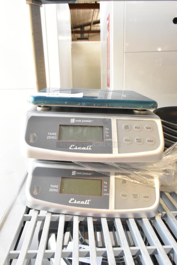 San Jamar Escali SCDGM33 digital kitchen scales, 33 lb. capacity, new with minor scratches, dual display screens.