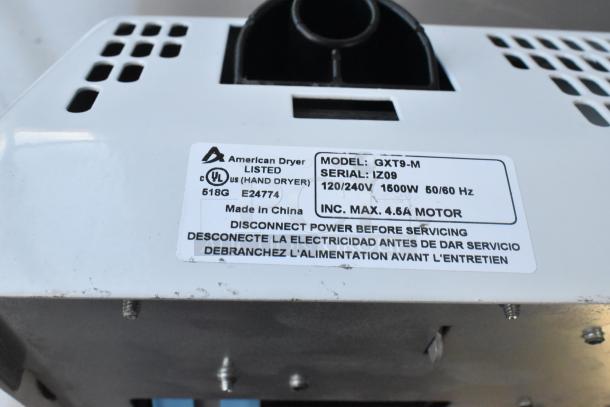 BRAND NEW SCRATCH AND DENT American Dryer GXT9-M ExtremeAir hand dryer with steel white cover, 100/240V, 1 phase.