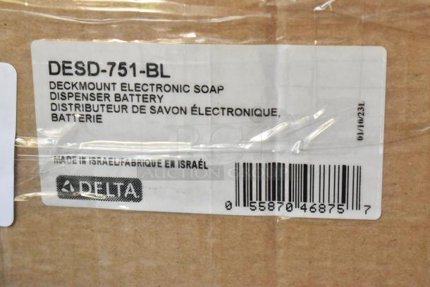 BRAND NEW scratch and dent Delta DESD-751-BL deck mount electronic soap dispenser, matte black, label visible.