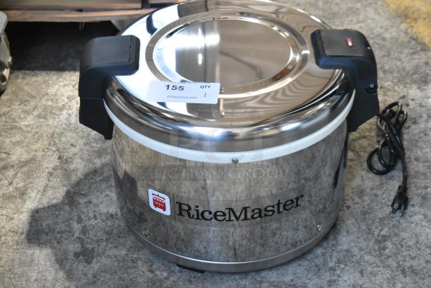 Brand new Town 56916S 72 Cup Rice Warmer, stainless steel, 120V, 1 Phase. Marked "RiceMaster" with black handles.