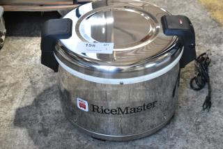 Brand new Town 56916S 72 Cup Rice Warmer, stainless steel, 120V, 1 Phase. Marked "RiceMaster" with black handles.