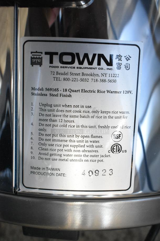 Brand new Town 56916S 72-cup commercial rice warmer, stainless steel finish, 120V, ETL listed, scratch and dent. Made in Taiwan.