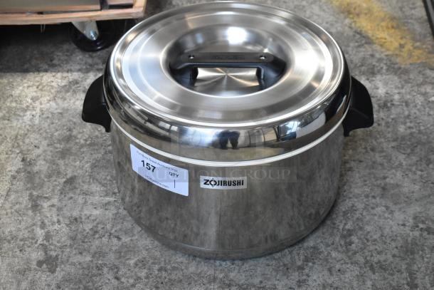 Brand new Zojirushi RDS-400 stainless steel sushi rice container, 44 cup capacity. Slight scratches; label indicates auction lot 157.