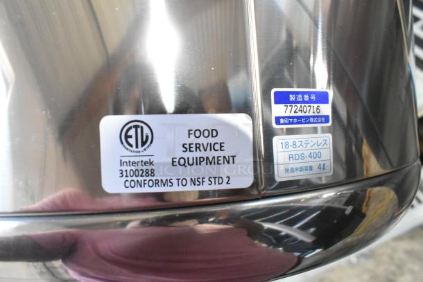 Brand new Zojirushi RDS-400, 44-cup stainless steel sushi rice container with labels indicating NSF certification.