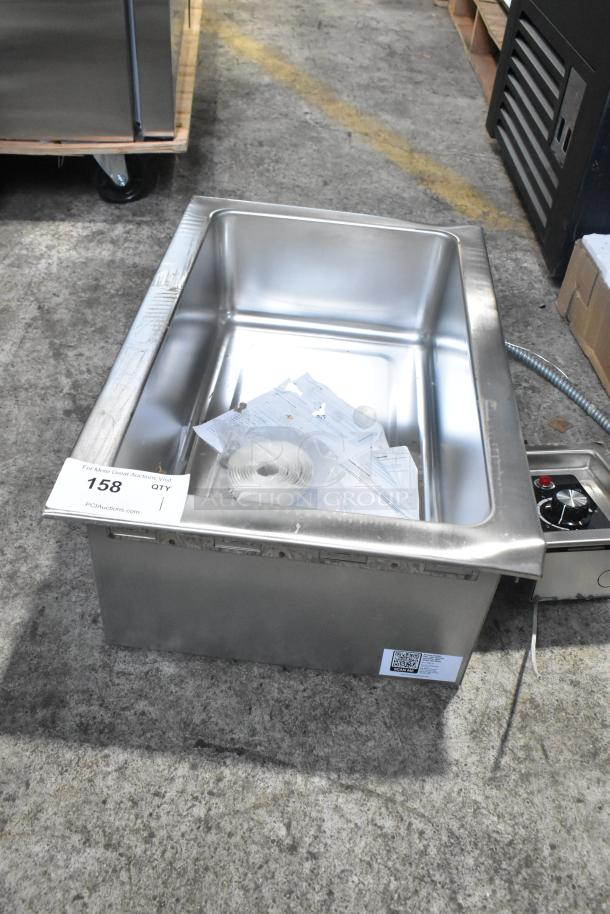 Brand new Avantco 177TM12B drop-in hot food well, stainless steel, round corners, drain, 208V, 1 phase, tag visible.