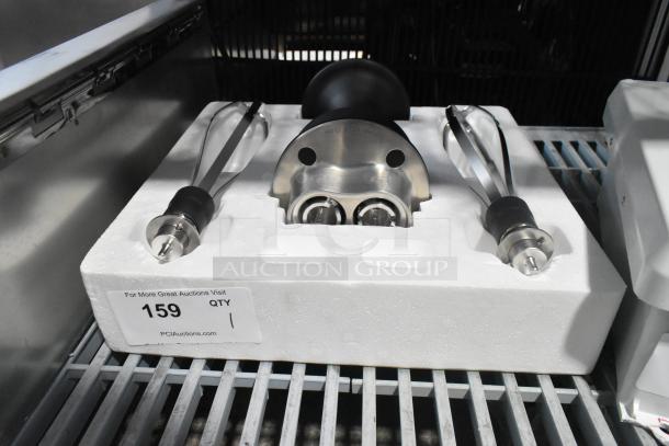 BRAND NEW VitaMix VM0224A immersion blender with dual whisk heads, stainless steel, in packaging, with minor scratches and dents.