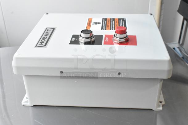 BRAND NEW Hobart Control Box, scratch and dent condition, features labeled run and stop buttons, warning labels visible.
