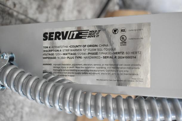 Brand new ServIt 423SW72THA 72" strip warmer, 120V, 1 phase, single toggle control. Scratch and dent. Serial: 20241000214.