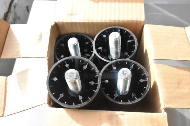 Box containing four black and silver leveling feet for the 2024 Scotsman UC2024SA-1A undercounter ice machine.