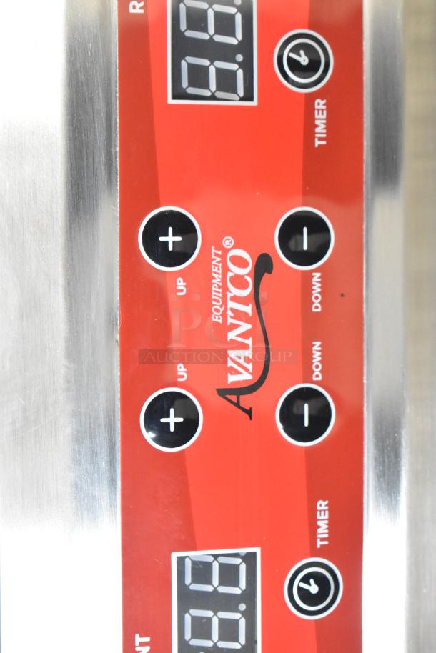 Avantco 177IC35SU stainless steel induction range control panel, red with digital display, timer, and adjustment buttons.