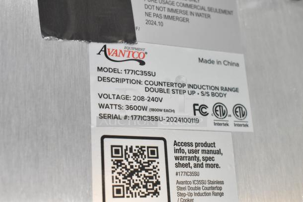 Brand new 2024 Avantco 177IC35SU stainless steel double countertop step-up induction range. Voltage: 208-240V, 3600W.