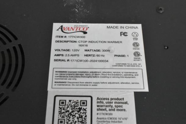 Brand new Avantco 177ICW300 countertop induction warmer, 16"x16", 120V, 300W, with manufacturer label and specs.