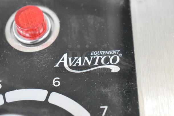 "Avantco 177TPSW7 top mount control panel with dial, showing brand logo and red indicator light."