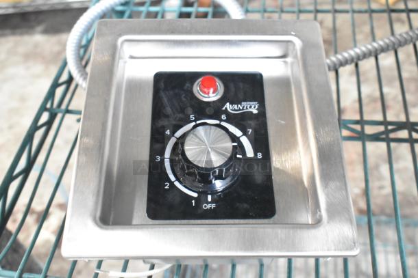 Brand new Avantco 177TPSW7 7 Qt. soup warmer, stainless steel, top-mounted, dial control, 120V, slight scratches visible.