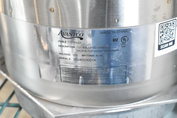 Brand new 2024 Avantco 177TPSW7 7 Qt. Drop-In Hot Soup Warmer, 120V, 1 Phase, with visible label details.