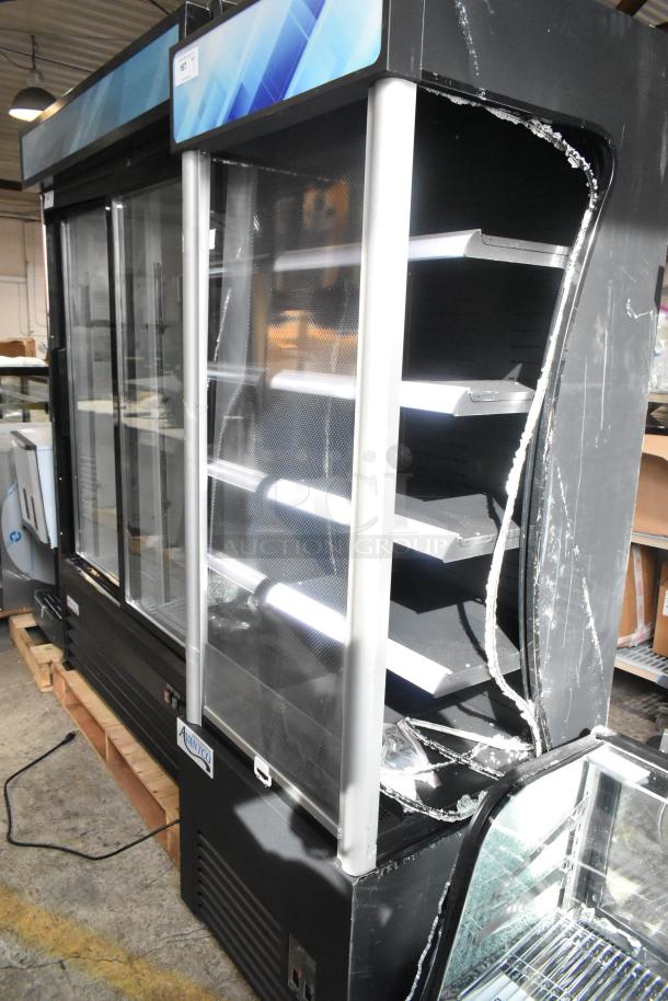 Brand new Avantco 28" black refrigerated merchandiser, model 189BVAC28HC, on casters, with broken glass visible.
