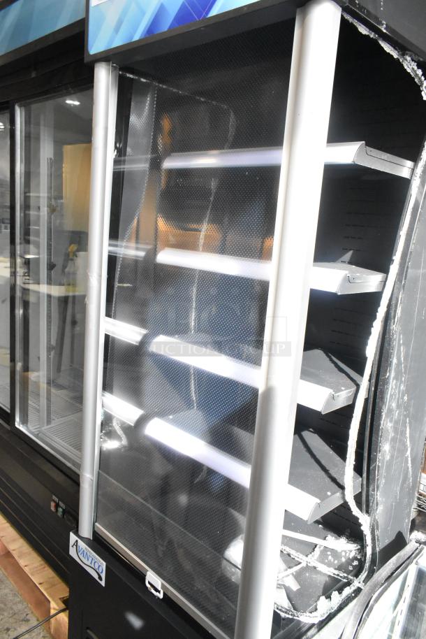 Avantco 189BVAC28HC 28" black refrigerated air curtain merchandiser with visible broken glass, on casters. Brand new, scratch, and dent.