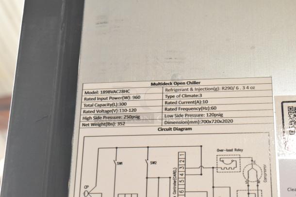 Avantco 189BVAC28HC label showing model details, power, capacity, and dimension specs. Dimensions: 700x720x2020mm.