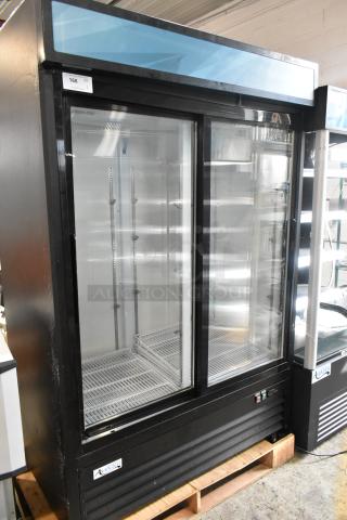 Brand new 2024 Avantco 178GDS47HCB 53" black sliding glass door refrigerator with LED lighting, customizable, 115V, minor scratches.
