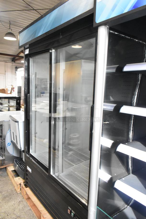 Brand new 2024 Avantco 178GDS47HCB 53" black glass door merchandiser fridge, customizable, with LED lighting, 115V.