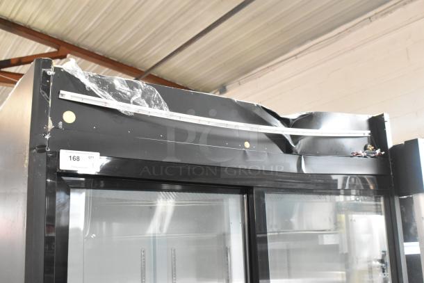 BRAND NEW Avantco 53" merchandiser refrigerator with customizable sliding glass doors, LED lighting, visible dent at top. Model 178GDS47HCB.