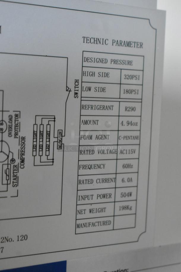 Technical specification label for Avantco 178GDS47HCB, 115V, 1-phase. Shows refrigerant R290, power input 504W, 198kg weight.