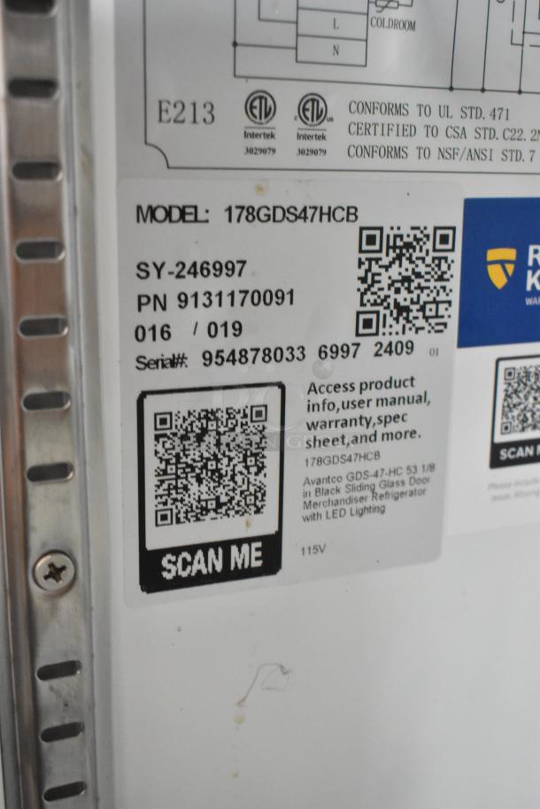 Label on a 2024 Avantco 178GDS47HCB sliding glass door refrigerator. Includes model, serial number, and QR code for specs.