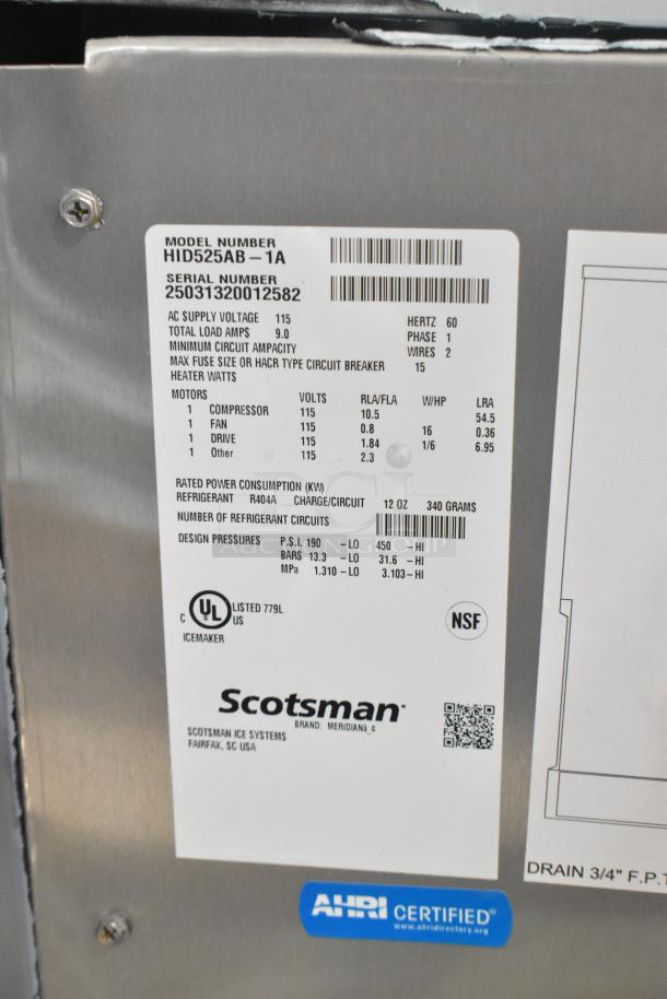 Brand new 2025 Scotsman HID525AB-1A Meridian® stainless steel ice machine, 25 lb. bin, 115V, 1 Phase, scratch and dent.