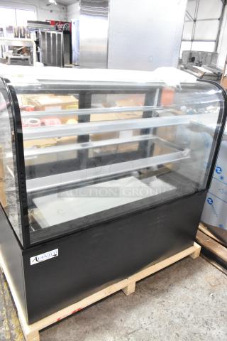 Avantco 193BC48HCB 48" curved glass refrigerated bakery display case, black finish, brand new with minor scratches, 115V, 1-phase.