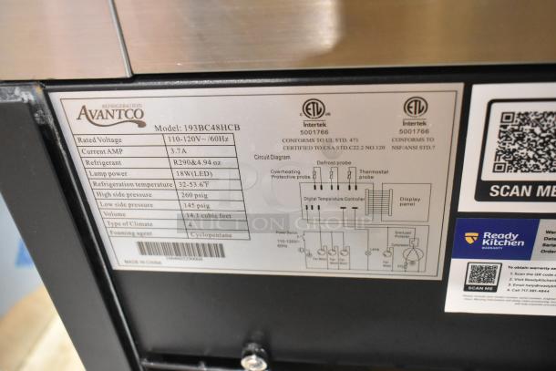 Brand new Avantco 193BC48HCB 48" refrigerated bakery display case. Features curved glass, 115V, 1 phase, 14.1 cubic feet.