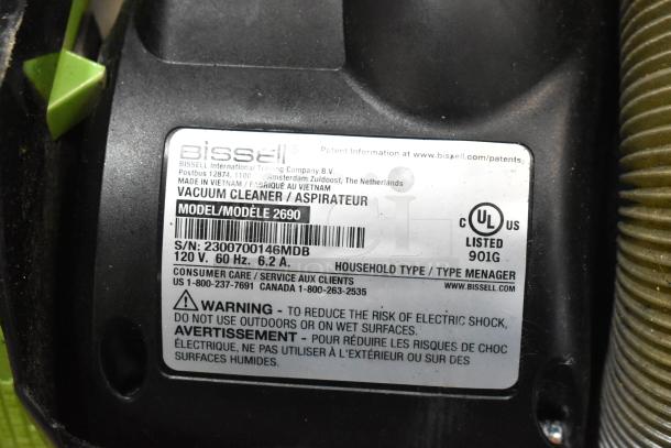 BRAND NEW Bissell 2690 Power Force Compact Turbo Bagless Vacuum label. 120V, 60Hz, 6.2A. Scratch and dent condition.