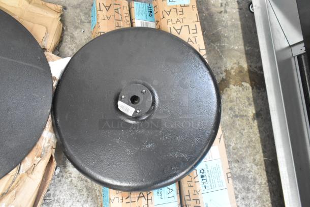 BRAND NEW scratch and dent Lancaster Table & Seating 17" round cast iron table base plate, flat 3" auto adjust UR post.